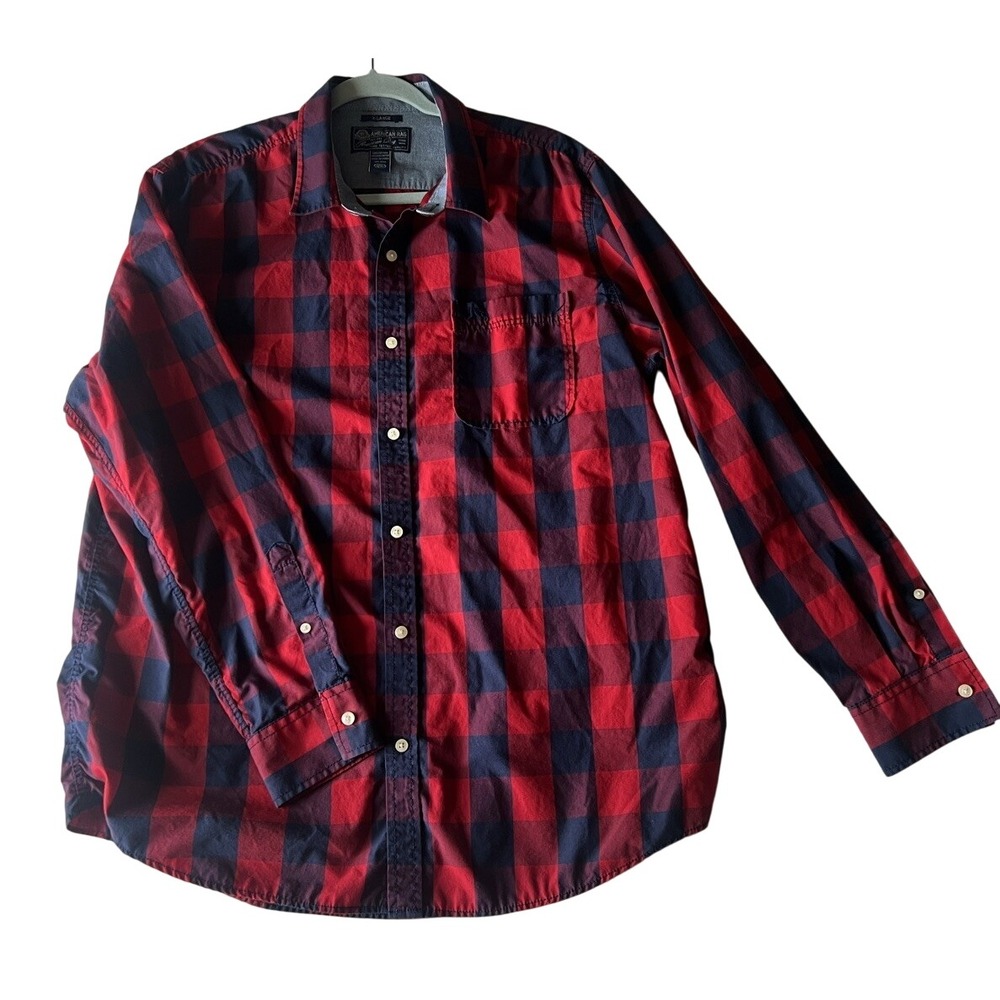 American Rag Shirt Men's XL Red Navy Plaid Button-Up Long Sleeve‎ Casual Cotton